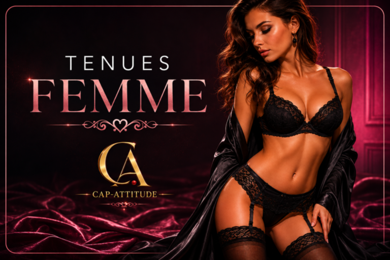Tenues femme glamour et élégantes chez Cap Attitude, mannequin en lingerie noire raffinée dans une ambiance premium et sensuelle.