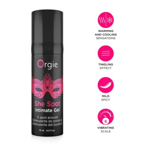 Flacon de gel stimulant point G Orgie She Spot 15 ml à base d’eau avec effets chauffants, rafraîchissants et picotants pour une stimulation intime ciblée.