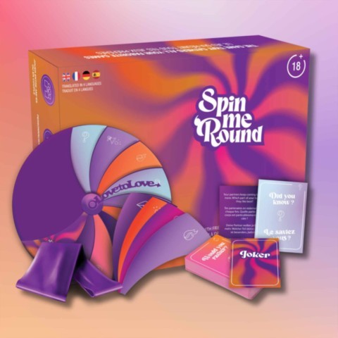 Jeu d'ambiance érotique Spin me Round de Love to Love avec roulette personnalisable, cartes de défis, bandeau pour les yeux et accessoires pour soirées entre adultes.
