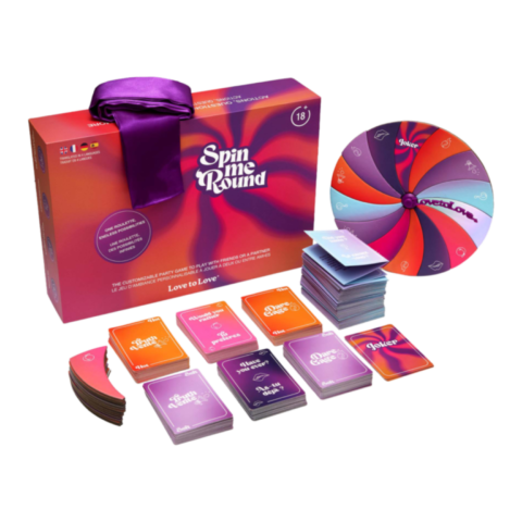 Jeu d'ambiance érotique Spin me Round de Love to Love avec roulette personnalisable, cartes de défis, bandeau pour les yeux et accessoires pour soirées entre adultes.