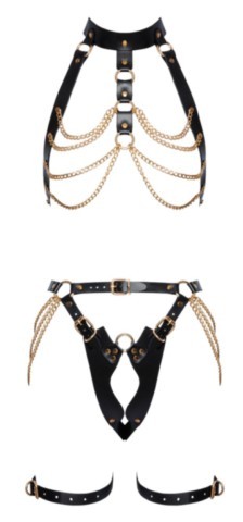 Ensemble harnais ZADO en cuir noir avec chaînes dorées et détails métalliques