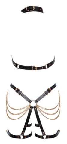 Ensemble harnais ZADO en cuir noir avec chaînes dorées et détails métalliques