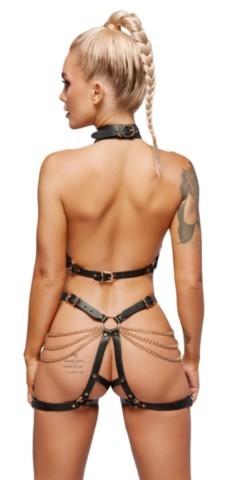 Ensemble harnais ZADO en cuir noir avec chaînes dorées et détails métalliques