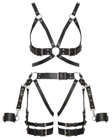 Ensemble harnais en cuir noir multi-pièces ZADO avec menottes et poignée amovibles