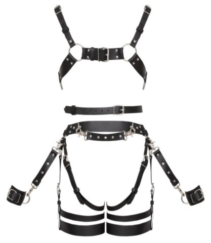 Ensemble harnais en cuir noir multi-pièces ZADO avec menottes et poignée amovibles