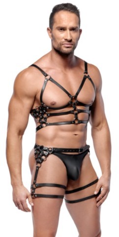 Ensemble harnais en cuir ZADO avec harnais de poitrine, harnais de hanches et sangle de cuisse.