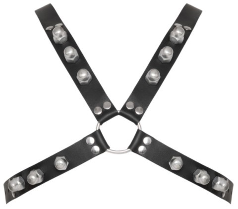 Harnais de poitrine en cuir noir ZADO avec sangles réglables et rivets métalliques.