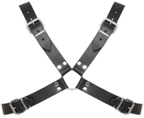 Harnais de poitrine en cuir noir ZADO avec sangles réglables et rivets métalliques.