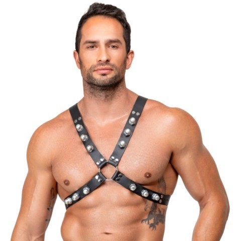Harnais de poitrine en cuir noir ZADO avec sangles réglables et rivets métalliques.