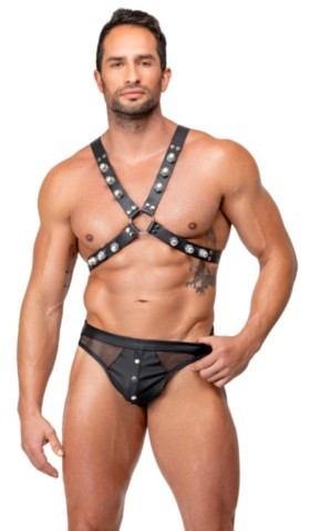 Harnais de poitrine en cuir noir ZADO avec sangles réglables et rivets métalliques.