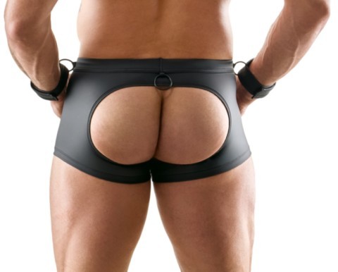 Boxer homme noir mat Svenjoyment avec fesses ouvertes, fermeture éclair à l'avant, anneaux de fixation et manchettes assorties incluses pour les jeux de séduction.