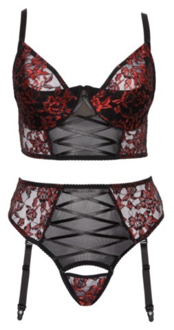 Ensemble lingerie Cottelli Curves composé d’un soutien-gorge longline en dentelle florale bicolore avec bonnets ouvrables et d’un slip porte-jarretelles assorti à entrejambe détachable et détails satinés.