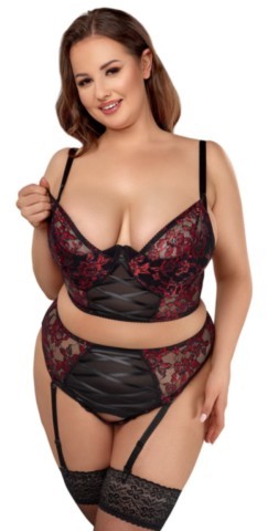 Ensemble lingerie Cottelli Curves composé d’un soutien-gorge longline en dentelle florale bicolore avec bonnets ouvrables et d’un slip porte-jarretelles assorti à entrejambe détachable et détails satinés.