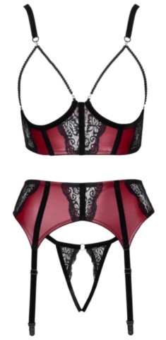Ensemble porte-jarretelles ouvert 3 pièces Cottelli LINGERIE rouge foncé et noir avec soutien-gorge ouvert à chaînes de perles, porte-jarretelles réglable et string ouvert en dentelle.