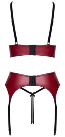 Ensemble porte-jarretelles ouvert 3 pièces Cottelli LINGERIE rouge foncé et noir avec soutien-gorge ouvert à chaînes de perles, porte-jarretelles réglable et string ouvert en dentelle.