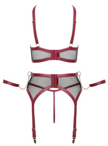 Ensemble lingerie Bondage Cottelli noir et rouge composé d’un soutien-gorge en résille, d’un porte-jarretelles assorti, d’un string ouvert et de menottes amovibles.