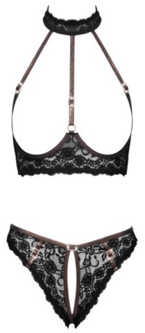 Ensemble ouvert Cottelli LINGERIE en dentelle florale noire avec soutien-gorge à armatures sans bonnets, collier tour de cou assorti, détails or rose et strass scintillants.