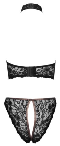 Ensemble ouvert Cottelli LINGERIE en dentelle florale noire avec soutien-gorge à armatures sans bonnets, collier tour de cou assorti, détails or rose et strass scintillants.