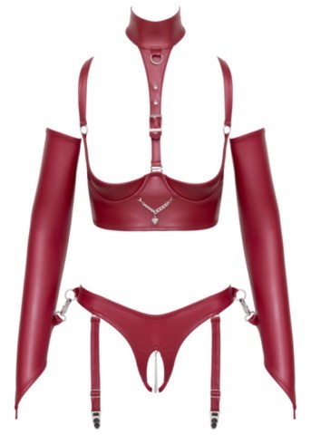 Ensemble Bondage Cottelli rouge foncé en wetlook composé d’un soutien-gorge longline à armatures, d’un string taille haute avec jarretelles amovibles, de manchettes souples et d’accessoires argentés décoratifs.