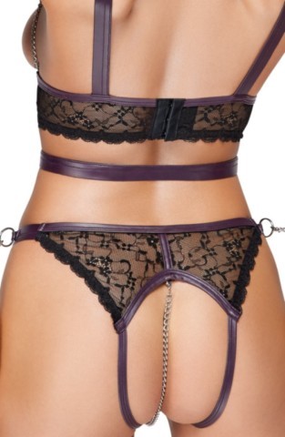 Ensemble bondage Cottelli noir et lilas avec top ouvert, slip et menottes