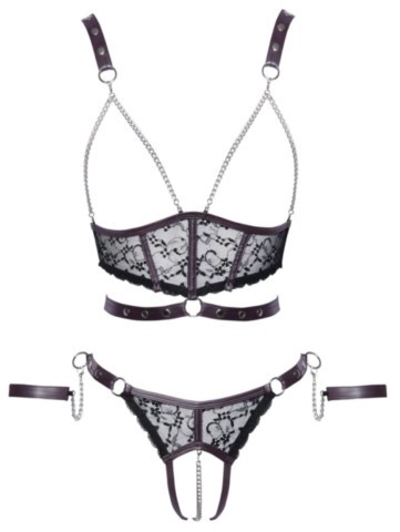 Ensemble bondage Cottelli noir et lilas avec top ouvert, slip et menottes