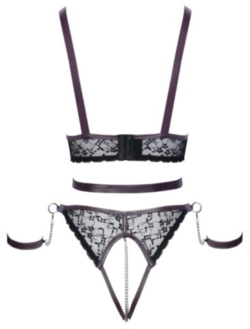 Ensemble bondage Cottelli noir et lilas avec top ouvert, slip et menottes
