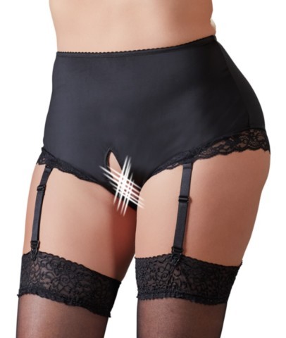Culotte taille haute noire Cottelli Curves avec panneau gainant sur le ventre, dentelle florale aux jambes et bretelles décoratives amovibles pour grande taille.