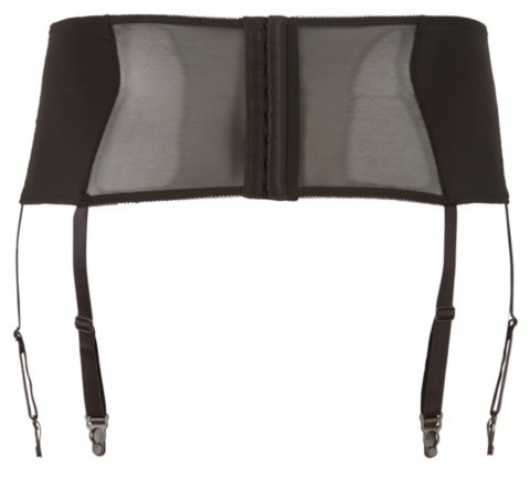 Porte-jarretelles noir Cottelli Curves avec inserts en dentelle, laçage décoratif à l’avant et quatre jarretelles réglables pour grande taille.