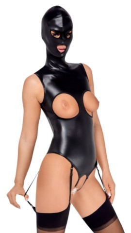 Body ouvert Bad Kitty noir avec masque de tête intégré et jarretelles amovibles
