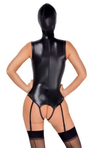 Body ouvert Bad Kitty noir avec masque de tête intégré et jarretelles amovibles