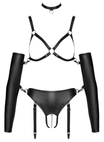 Ensemble ouvert Bad Kitty noir avec soutien-gorge à lanières, slip à jarretelles et manchettes