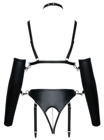 Ensemble ouvert Bad Kitty noir avec soutien-gorge à lanières, slip à jarretelles et manchettes