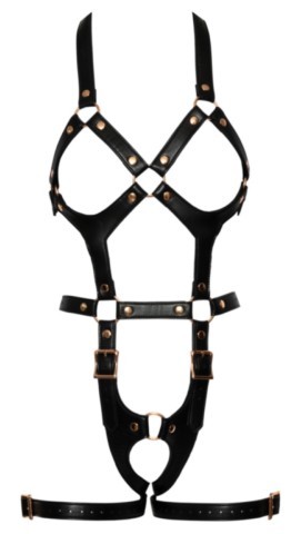 Harnais Bad Kitty à poitrine ouverte en simili cuir noir avec finitions métalliques doré rose