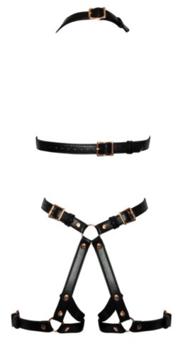 Harnais Bad Kitty à poitrine ouverte en simili cuir noir avec finitions métalliques doré rose