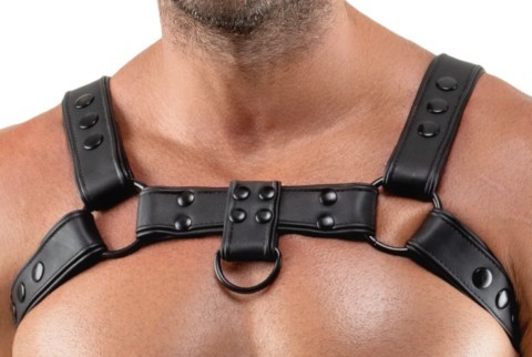 Harnais de poitrine en similicuir Svenjoyment noir avec sangles réglables et anneaux métalliques.