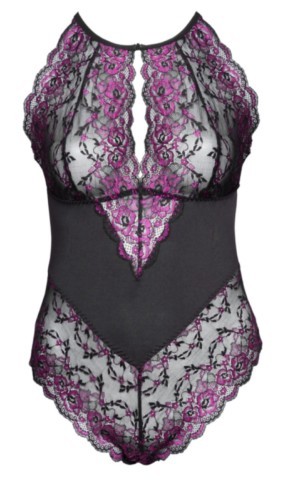 Body Cottelli Curves en dentelle florale bicolore transparente avec insert opaque à la taille, découpes élégantes à l’avant et à l’arrière et fermeture au cou pour grande taille.