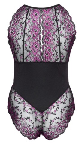 Body Cottelli Curves en dentelle florale bicolore transparente avec insert opaque à la taille, découpes élégantes à l’avant et à l’arrière et fermeture au cou pour grande taille.