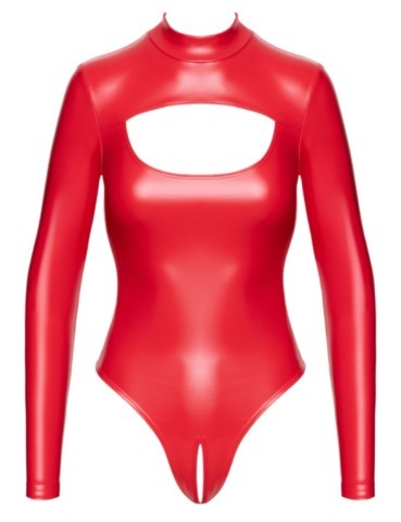 Body string en vinyle rouge ouvert à l'entrejambe de Noir Handmade