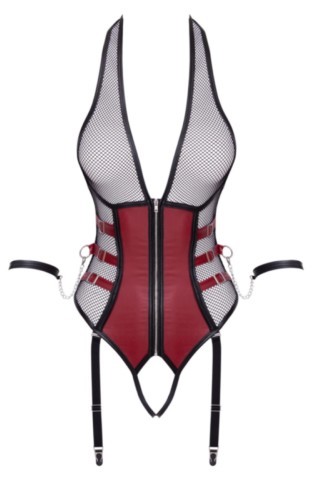 Body porte-jarretelles Bondage Cottelli noir et rouge avec bonnets en résille transparente, fermeture éclair frontale, jarretelles amovibles et menottes souples reliées par chaînes amovibles.