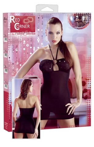 Robe bustier asymétrique aux ouvertures sur les hanches et chaîne dorée tour de cou