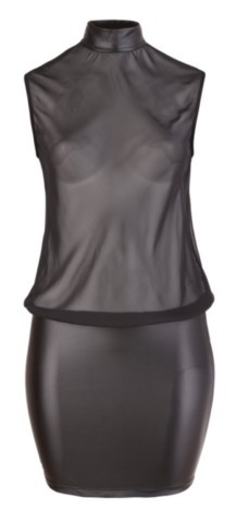 Mini robe noire Cottelli Curves avec haut transparent fluide sans manches, dos décolleté, col montant et jupe ajustée opaque pour grande taille.