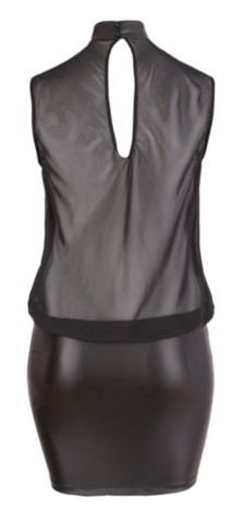 Mini robe noire Cottelli Curves avec haut transparent fluide sans manches, dos décolleté, col montant et jupe ajustée opaque pour grande taille.