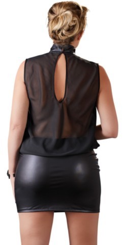 Mini robe noire Cottelli Curves avec haut transparent fluide sans manches, dos décolleté, col montant et jupe ajustée opaque pour grande taille.