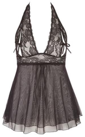Nuisette Cottelli Curves en dentelle avec bonnets ouverts décorés de boucles, jupe évasée en powernet double épaisseur et bretelles réglables, disponible en noir ou rouge.