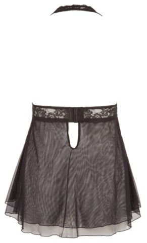 Nuisette Cottelli Curves en dentelle avec bonnets ouverts décorés de boucles, jupe évasée en powernet double épaisseur et bretelles réglables, disponible en noir ou rouge.