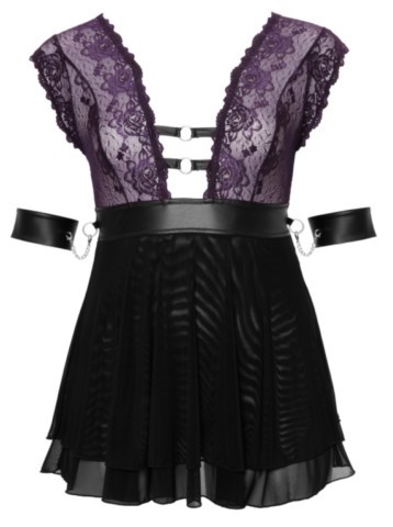 Nuisette Bondage Cottelli grande taille en dentelle florale violette avec jupe noire en powernet, profond décolleté, collier assorti et menottes souples amovibles reliées par des chaînes argentées.