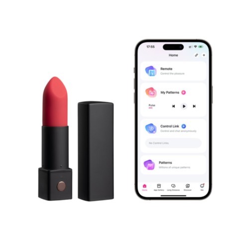 Mini vibromasseur connecté Exomoon de Lovense au design rouge à lèvres, rechargeable par USB, étanche IPX7 et contrôlable via Bluetooth avec l'application Lovense.