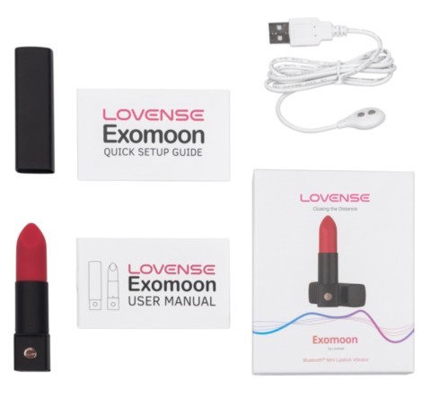 Mini vibromasseur connecté Exomoon de Lovense au design rouge à lèvres, rechargeable par USB, étanche IPX7 et contrôlable via Bluetooth avec l'application Lovense.