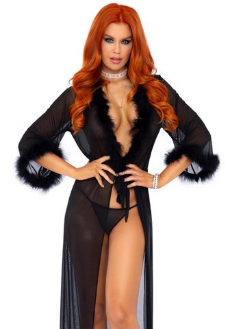 leg avenue 86111 Long déshabillé en voile transparent aux bordures marabout et manches mi-longues