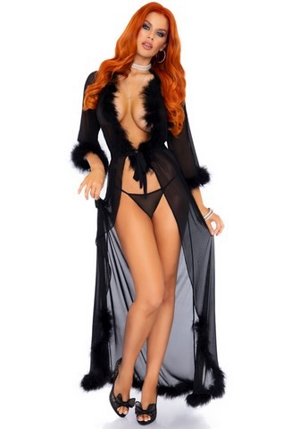 leg avenue 86111 Long déshabillé en voile transparent aux bordures marabout et manches mi-longues